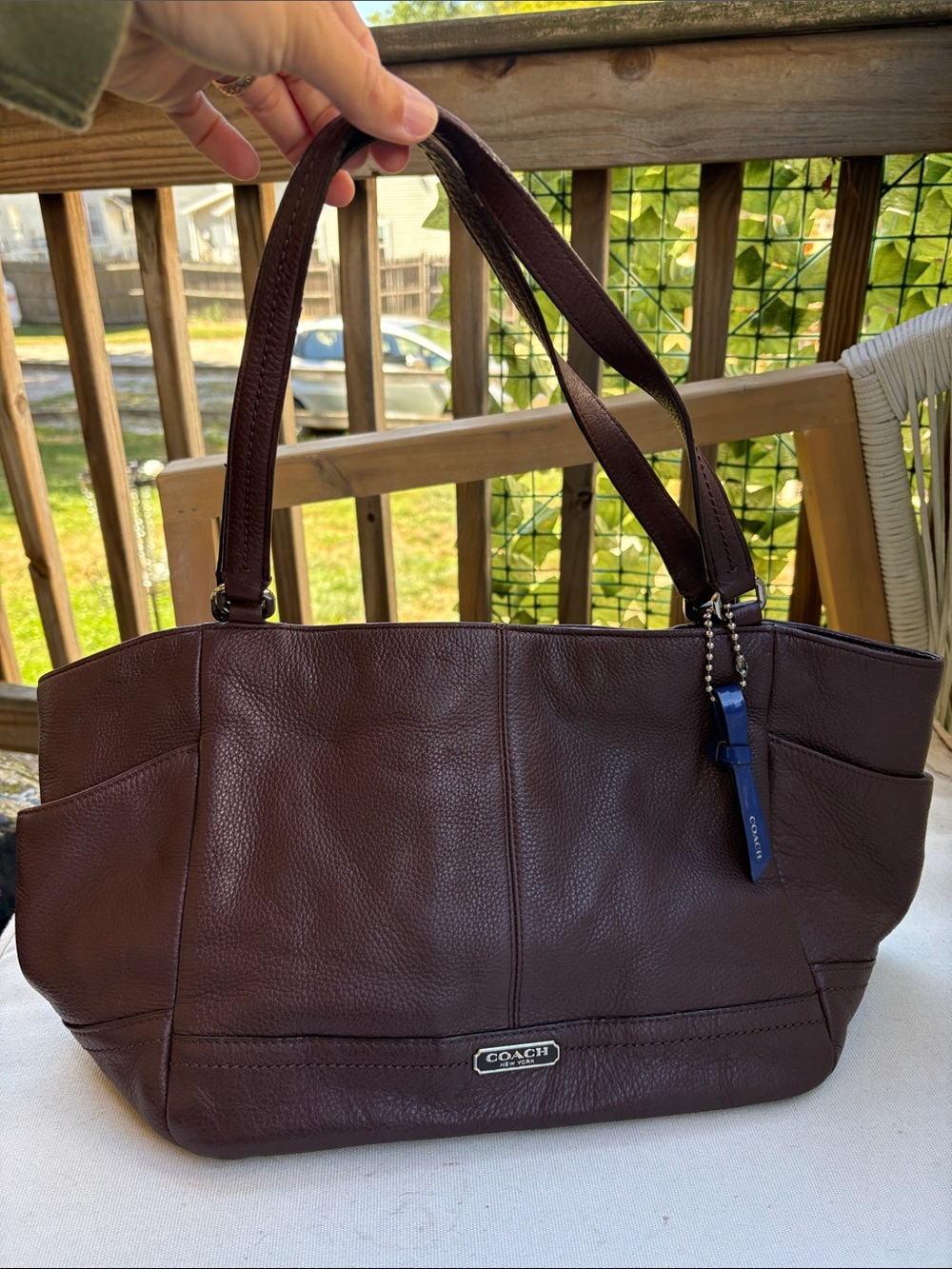 Coach Brown Leather Tote with Blue Charm